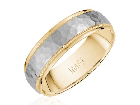 18K Two-Tone Brushed Hammered Center Milgrain Edge Wedding Band Online now