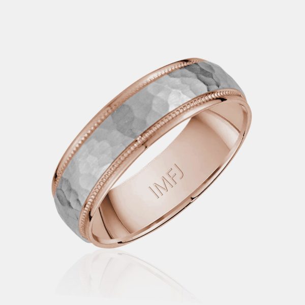 14K Two-Tone Brushed Hammered Centern Milgrain Edge Wedding Band Online