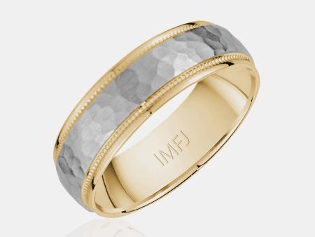 14K Two-Tone Brushed Hammered Centern Milgrain Edge Wedding Band Online