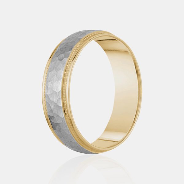 14K Two-Tone Brushed Hammered Centern Milgrain Edge Wedding Band Online