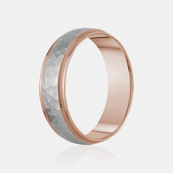 10K Two-Tone Brushed Hammered Center Milgrain Edge Wedding Band Online now